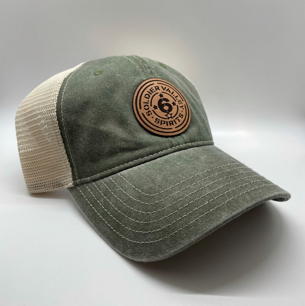 Olive Soldier Valley Mesh Leather Patch Hat
